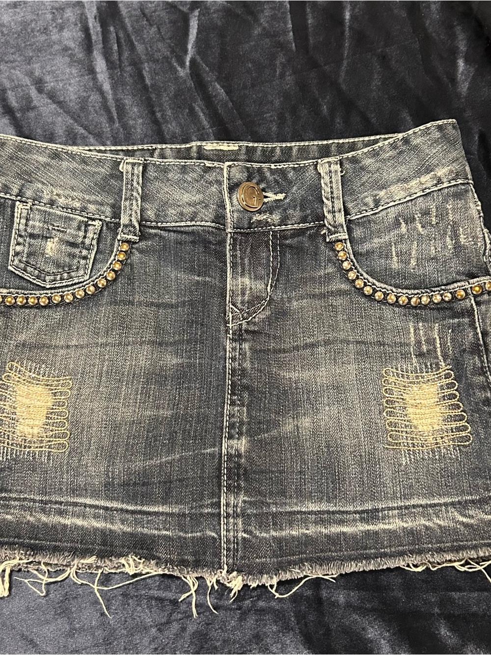 Guess Distressed Denim Mini Skirt with Stud Trim - Blue